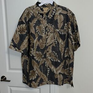Panama Jack Tan & Gray Floral Reverse Print Button Down Shirt Hawaii luau shirt